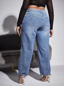 SHEIN SXY 大碼高腰破洞鏤空直筒牛仔褲 - 中等水洗藍 - 查看 2