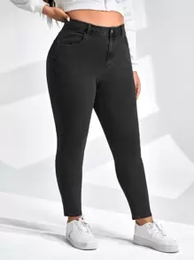 SHEIN EZwear Quần Denim kích thước lớn Nút Túi Dây kéo màu trơn - Màu xám đen - Xem 1