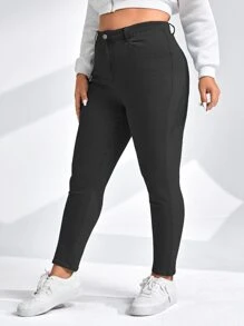 SHEIN EZwear Quần Denim kích thước lớn Nút Túi Dây kéo màu trơn - Màu xám đen - Xem 3