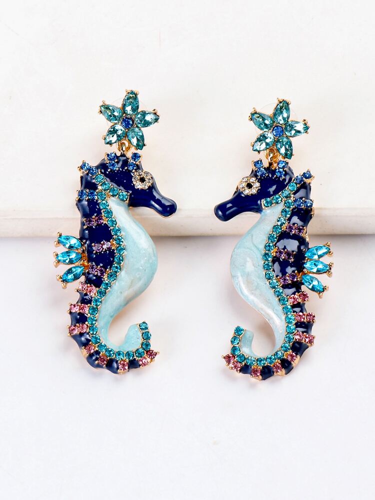 juran Rhinestone Decor Seahorse Drop Earrings