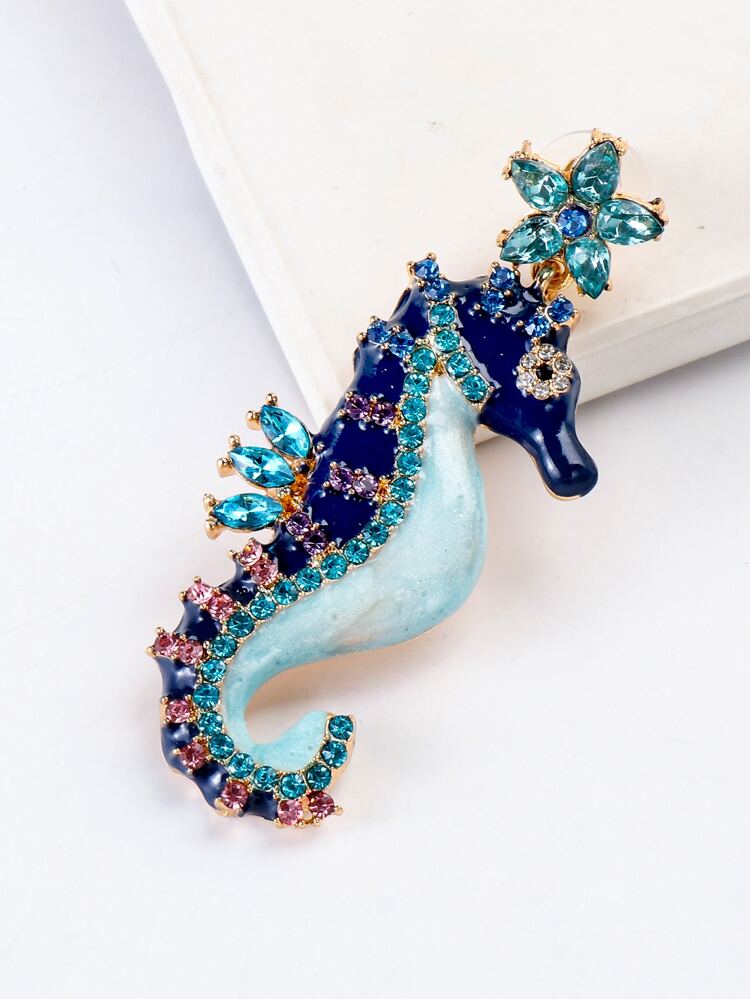 juran Rhinestone Decor Seahorse Drop Earrings