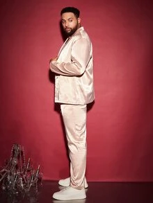 Manfinity Men Lapel Collar Single Breasted Blazer & Trousers - Apricot - View 3