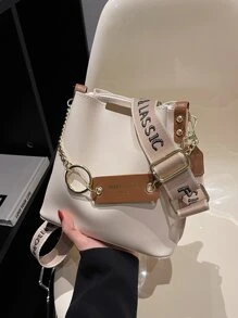 字母圖案鏈條裝飾方包 - 米色 - 查看 2