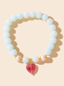 愛心掛飾串珠手鏈 - 淺藍色 - 查看 2