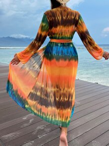 SHEIN Swim 木耳邊紮染腰帶和服罩衫 - 彩色 - 查看 2