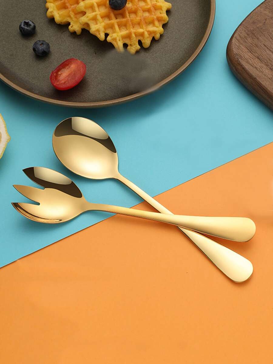 1pc Stainless Steel Fork & 1pc Spoon - Gold - View 1