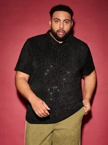 GENTILAND Men Plus Button Front Glitter Polo Shirt - Black - View 3