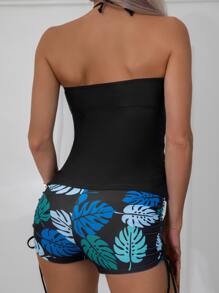 Swim Lushoire Tropical Print Cut Out Drawstring Side Halter Tankini,Summer Beach - Multicolor - View 2