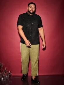 GENTILAND Men Plus Button Front Glitter Polo Shirt - Black - View 4