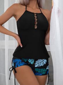 Swim Lushoire Tropical Print Cut Out Drawstring Side Halter Tankini,Summer Beach - Multicolor - View 4