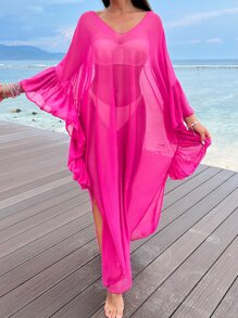 Ruffle Trim Batwing Sleeve Cover Up - Hot Pink - View 6
