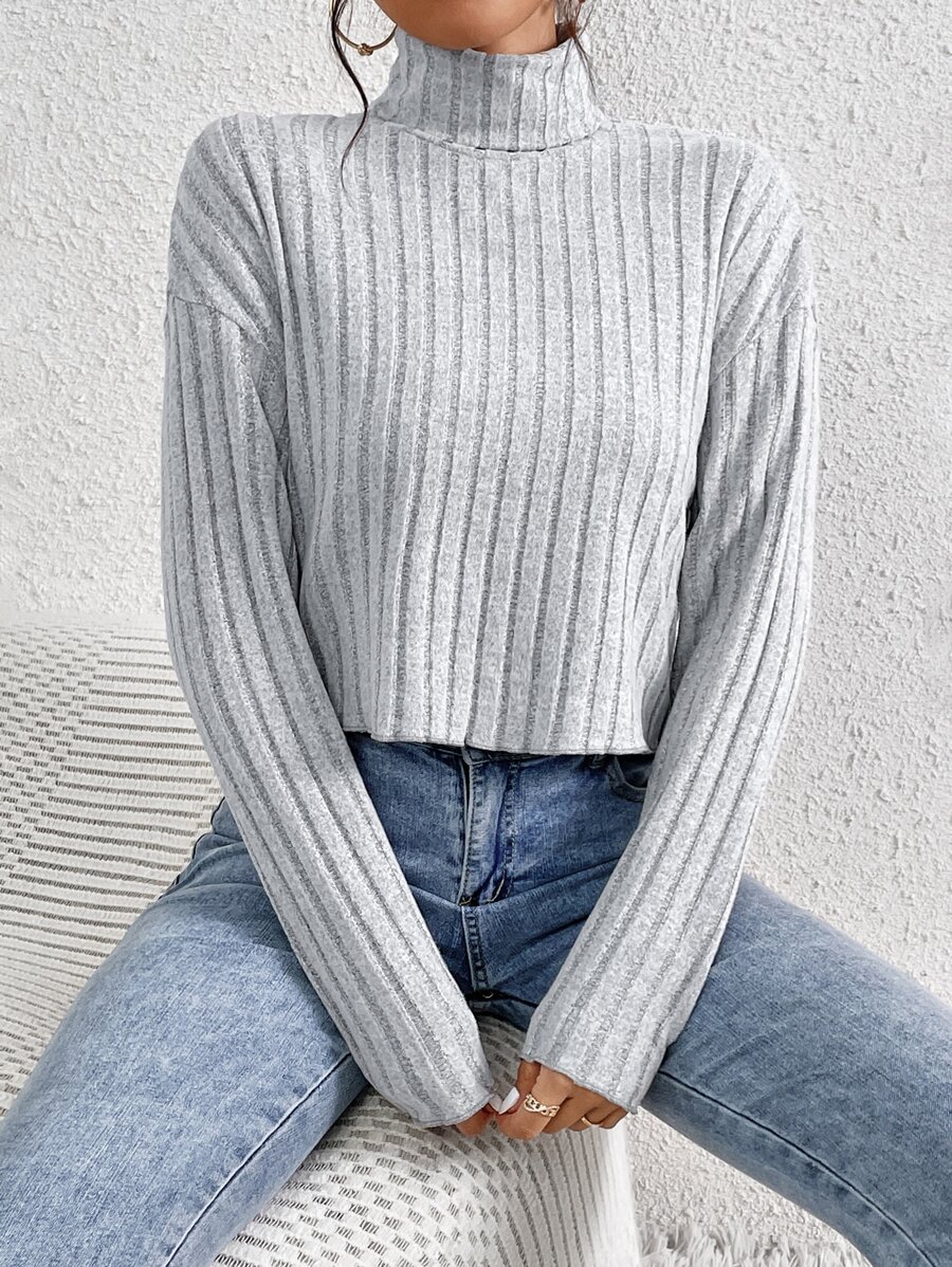 SHEIN EZwear 高領落肩T恤 - 淺灰色 - 查看 1