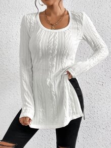 SHEIN Frenchy Scoop Neck Split Hem Textured Tee - White - View 1