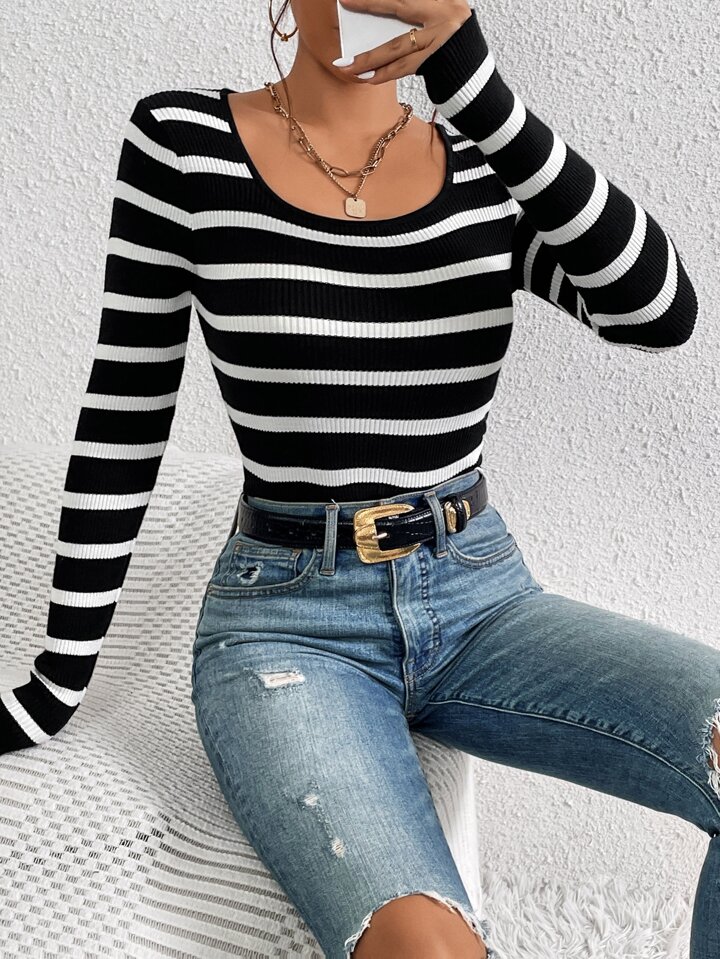 SHEIN Essnce Striped Pattern Round Neck Sweater,Long Sleeve