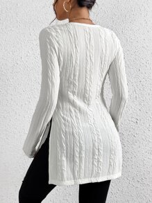 SHEIN Frenchy Scoop Neck Split Hem Textured Tee - White - View 2