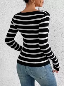 SHEIN Essnce Striped Pattern Round Neck Jumper - Black - View 2
