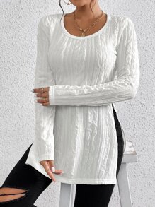 SHEIN Frenchy Scoop Neck Split Hem Textured Tee - White - View 3