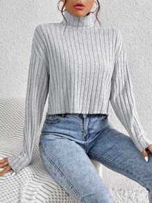 SHEIN EZwear 高領落肩T恤 - 淺灰色 - 查看 5