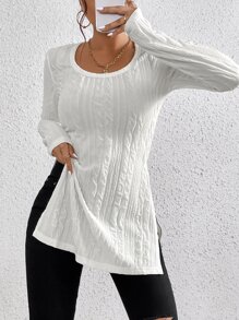 SHEIN Frenchy Scoop Neck Split Hem Textured Tee - White - View 5