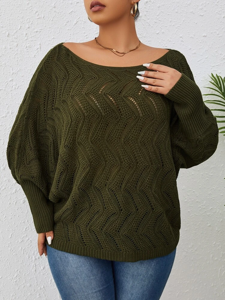 Calvaya Plus Size Women Hollow-Out Asymmetrical Neck Regular Casual Batwing Knit Sweater, Spring & Autumn Military Green, Winter Knit Pullover Fall,Christmas, Parties, Plus-Size Women's, Women's Sexy Tops,Party Knit, Going Out Knit, Clubbing Sweater, Rave Knitwear,Designer Party Knit,Fall,Winter,Summer,Spring/Fall