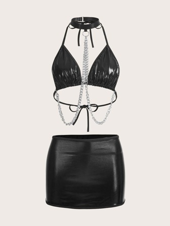 Goth 3pcs Gothic Punk Faux Leather Chain Halter Bralette, Thong Panty And Mini Skirt Sexy Lingerie Set