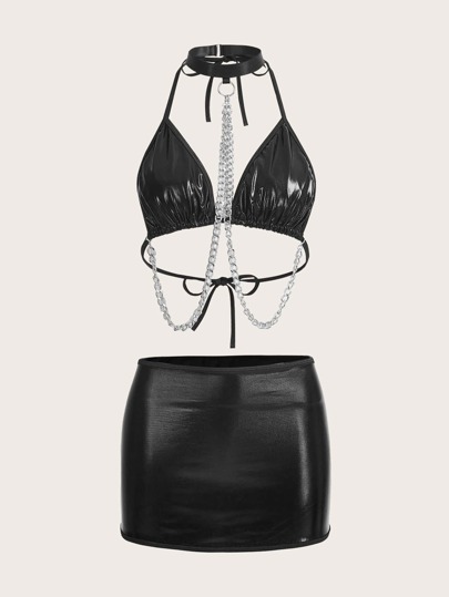 Goth 3 قطع طقم ملابس داخلية جنسي من البراليت الجلد المقلد بالسلاسل والخصر ، والسروال القصير البنطلون