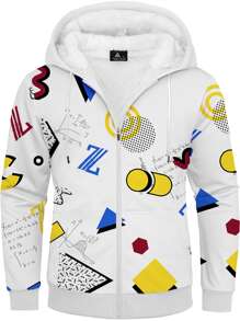 Men Geo Print Teddy Lined Zip Up Drawstring Thermal Hooded Sweatshirt - White - View 1