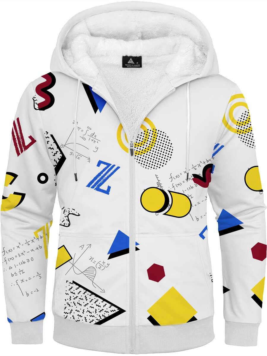Men Geo Print Teddy Lined Zip Up Drawstring Thermal Hooded Sweatshirt - White - View 1