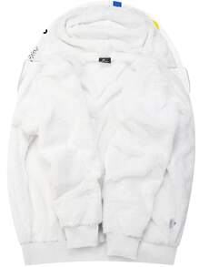 Men Geo Print Teddy Lined Zip Up Drawstring Thermal Hooded Sweatshirt - White - View 4