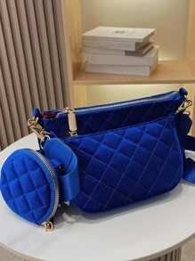 Argyle Quilted Crossbody Bag With Coin Purse - Royal Blue - View 1