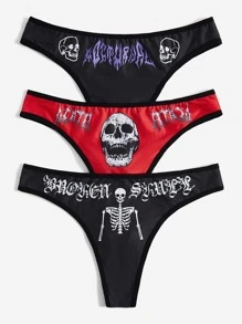 ROMWE Grunge Punk 3pack Skull & Letter Graphic Panty Set - Multicolor - View 5