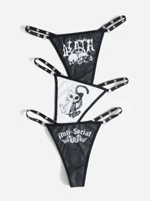 Sun Press Studio Grunge Punk 3pack Letter Skull Graphic Panty Set - Black and White - View 5