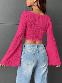 SHEIN EZwear Áo thun nữ Bất đối xứng Xù nhỏ Textured màu trơn Giải trí - Màu Hồng Tươi - Xem 2