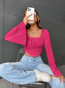 SHEIN EZwear Áo thun nữ Bất đối xứng Xù nhỏ Textured màu trơn Giải trí - Màu Hồng Tươi - Xem 4