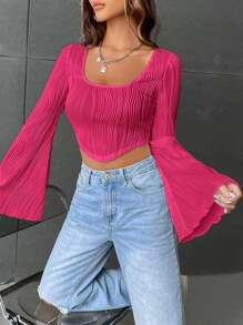SHEIN EZwear Áo thun nữ Bất đối xứng Xù nhỏ Textured màu trơn Giải trí - Màu Hồng Tươi - Xem 5
