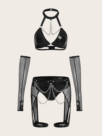 Grunge Punk Conjunto de lencería sexy con sostén triangular de malla y cadena, tanga triangular, liguero y guantes en estilo punk Y2K para festivales de música