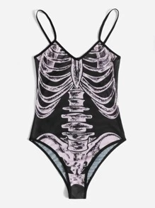 ROMWE Goth Skeleton Graphic Cami Bodysuit - Black - View 5