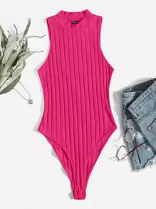 SHEIN EZwear 螺紋針織高衩連體衣 - 玫紅色 - 查看 1