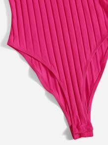 SHEIN EZwear 螺紋針織高衩連體衣 - 玫紅色 - 查看 5