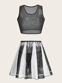 ROMWE Goth 3pack Letter Skull Graphic Lingerie Set - Black and White - View 2