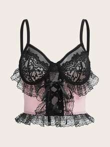 ROMWE Goth Cami con cordón con encaje en contraste ribete con fruncido con cordón