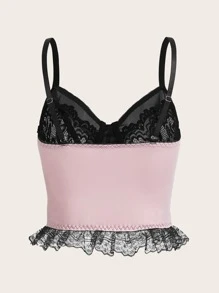 ROMWE Goth Cami con cordón con encaje en contraste ribete con fruncido con cordón