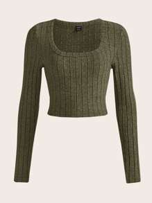 SHEIN EZwear Solid Scoop Neck Crop Tee - Army Green - View 1