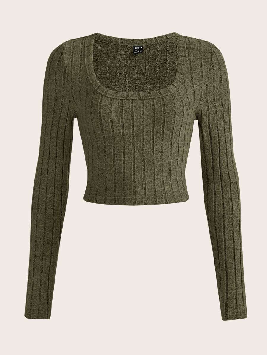 SHEIN EZwear Solid Scoop Neck Crop Tee - Army Green - View 1