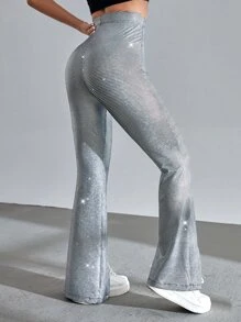 SHEIN BAE Pantalones acampanados de talle alto bajo con abertura - Plateado - Ver 2