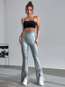SHEIN BAE Pantalones acampanados de talle alto bajo con abertura - Plateado - Ver 3