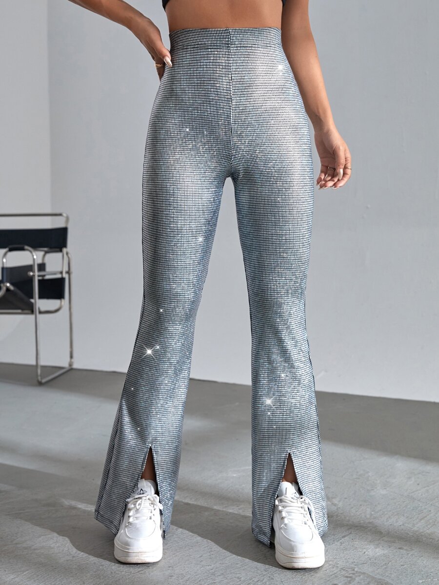 SHEIN BAE Pantalones acampanados de talle alto bajo con abertura - Plateado - Ver 1