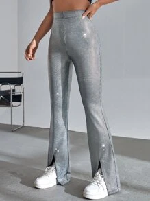 SHEIN BAE Pantalones acampanados de talle alto bajo con abertura - Plateado - Ver 5