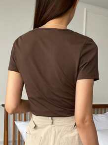 DAZY Chất rắn Cổ v Áo thun - Cà phê nâu - Xem 2