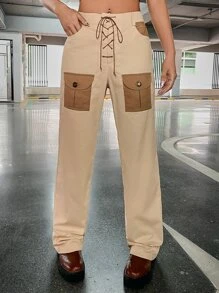 SHEIN ICON Colourblock Flap Pocket Lace Up Front Trousers - Khaki - View 1